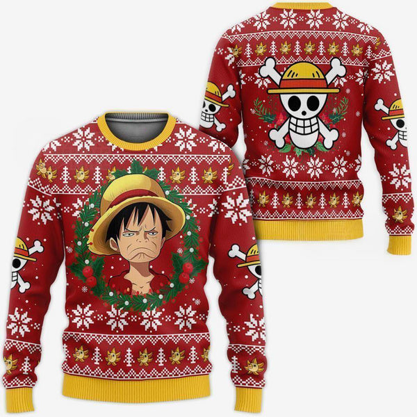 Divesart - Luffy Ugly Christmas Sweater and Hoodie Funny Face One Piece Anime Xmas
