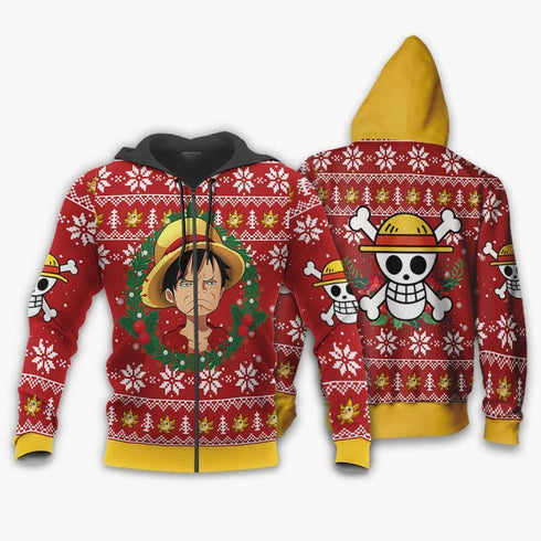 Divesart - Luffy Ugly Christmas Sweater and Hoodie Funny Face One Piece Anime Xmas