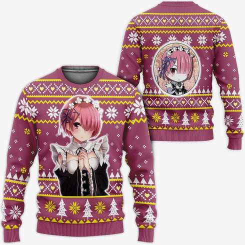 Divesart - Re Zero Ram Ugly Christmas Sweater and Hoodie Custom Anime Xmas Gifts