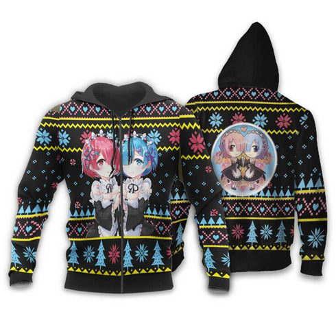 Divesart - Re Zero Rem Ram Ugly Christmas Sweater and Hoodie Custom Anime Xmas Gifts