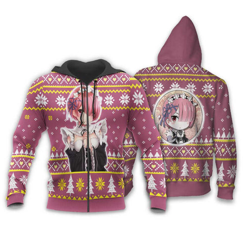 Divesart - Re Zero Ram Ugly Christmas Sweater and Hoodie Custom Anime Xmas Gifts