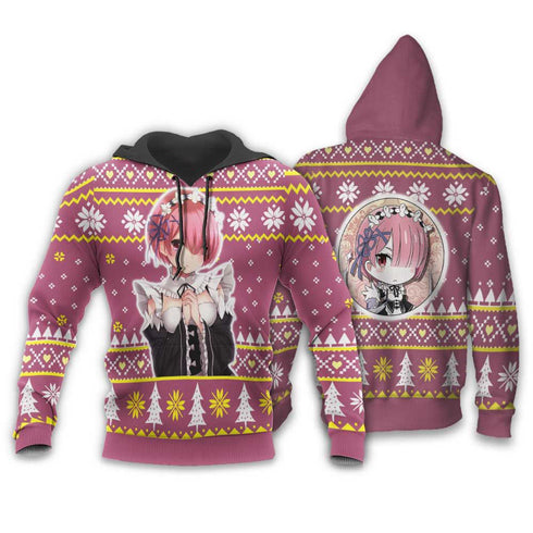 Divesart - Re Zero Ram Ugly Christmas Sweater and Hoodie Custom Anime Xmas Gifts