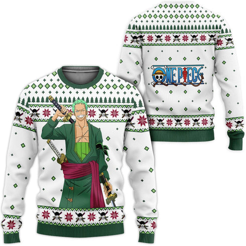 Divesart - Roronoa Zoro Anime White Anime Ugly Christmas Sweater and Hoodie Custom One Piece Anime Xmas Gifts