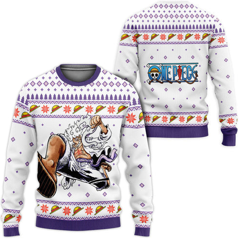 Divesart - Luffy Gear 5 White Anime Ugly Christmas Sweater and Hoodie Custom One Piece Anime Xmas Gifts