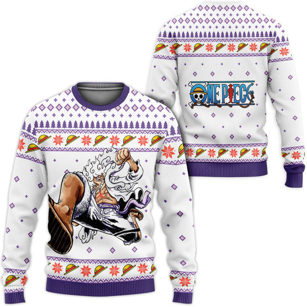 Divesart - Luffy Gear 5 White Anime Ugly Christmas Sweater and Hoodie Custom One Piece Anime Xmas Gifts