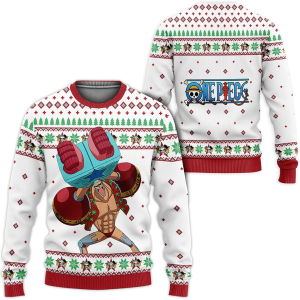 Divesart - Franky Anime White Anime Ugly Christmas Sweater and Hoodie Custom One Piece Anime Xmas Gifts